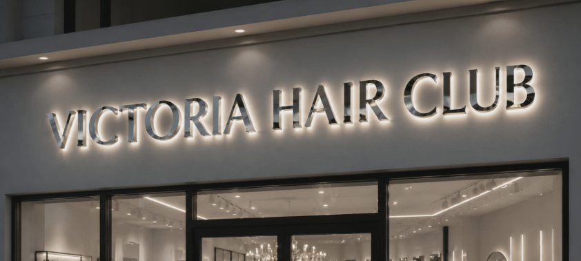 Victoria Hair Club Boca Raton storefront signage at night