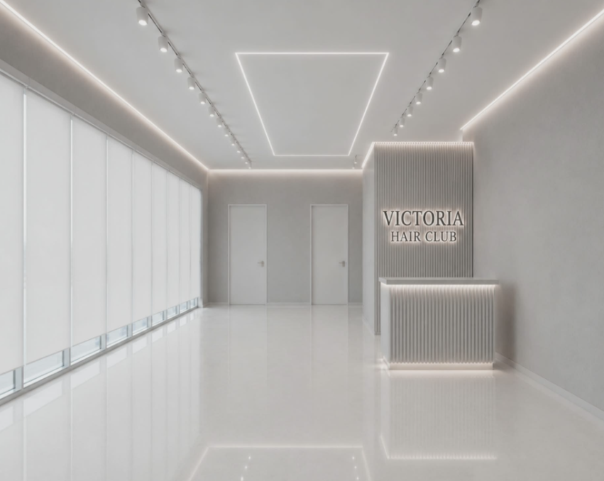 Minimalist reception area of Victoria Hair Club